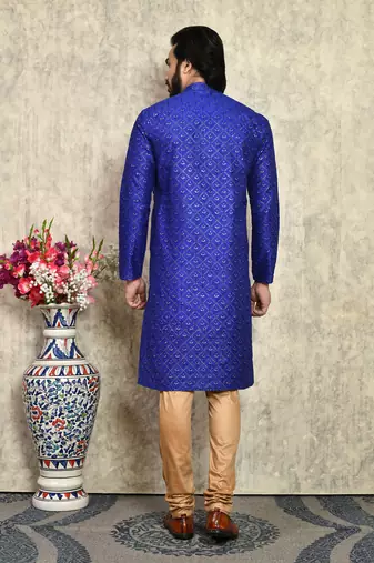 Blue plain art silk kurta pajama