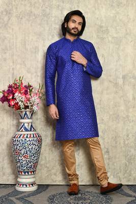 Blue plain art silk kurta pajama 4