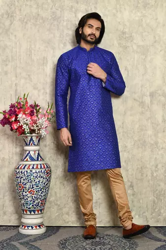 Blue plain art silk kurta pajama