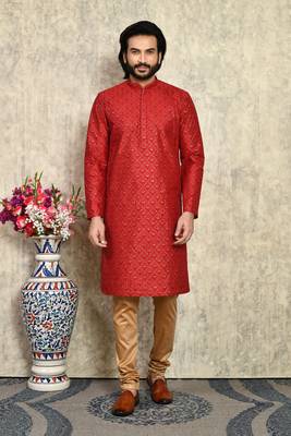 Maroon plain art silk kurta pajama 1
