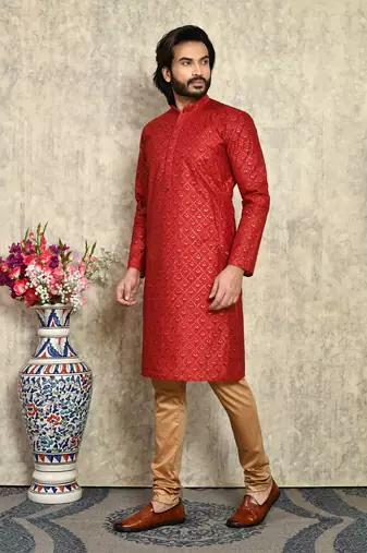 Maroon plain art silk kurta pajama