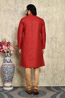 Maroon plain art silk kurta pajama 3