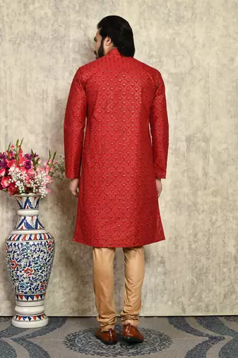 Maroon plain art silk kurta pajama