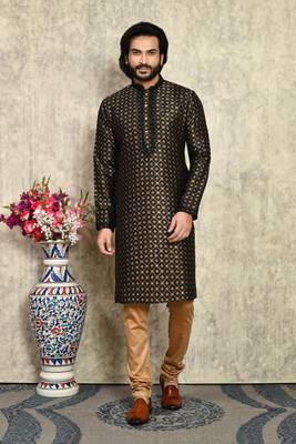 Black embroidered art silk kurta pajama 1