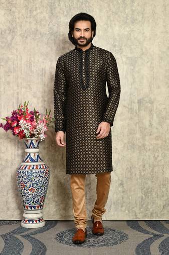 Black embroidered art silk kurta pajama