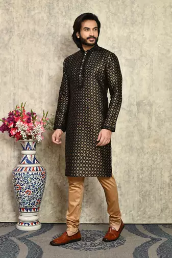 Black embroidered art silk kurta pajama