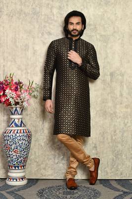 Black embroidered art silk kurta pajama 4
