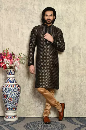 Black embroidered art silk kurta pajama