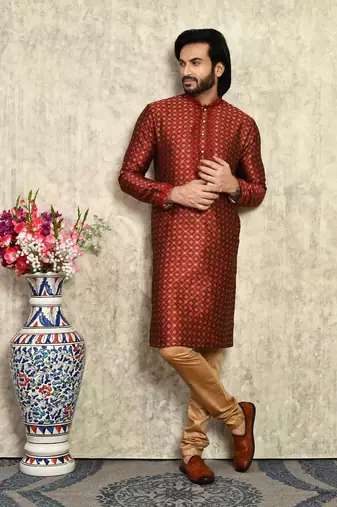 Maroon embroidered art silk kurta pajama