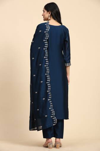  Vichitra Silk Embroidery Salwar Suit Set Kurta Pant with Dupatta