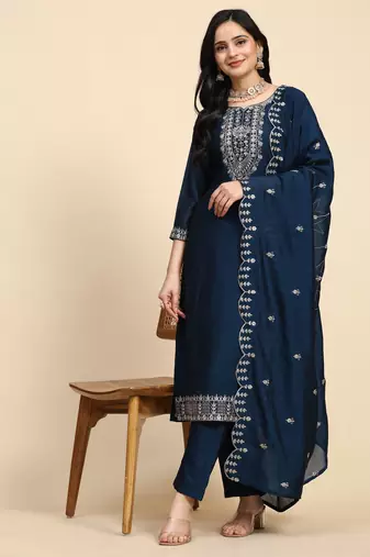 Trendmalls  Vichitra Silk Embroidery Salwar Suit Set Kurta Pant with Dupatta