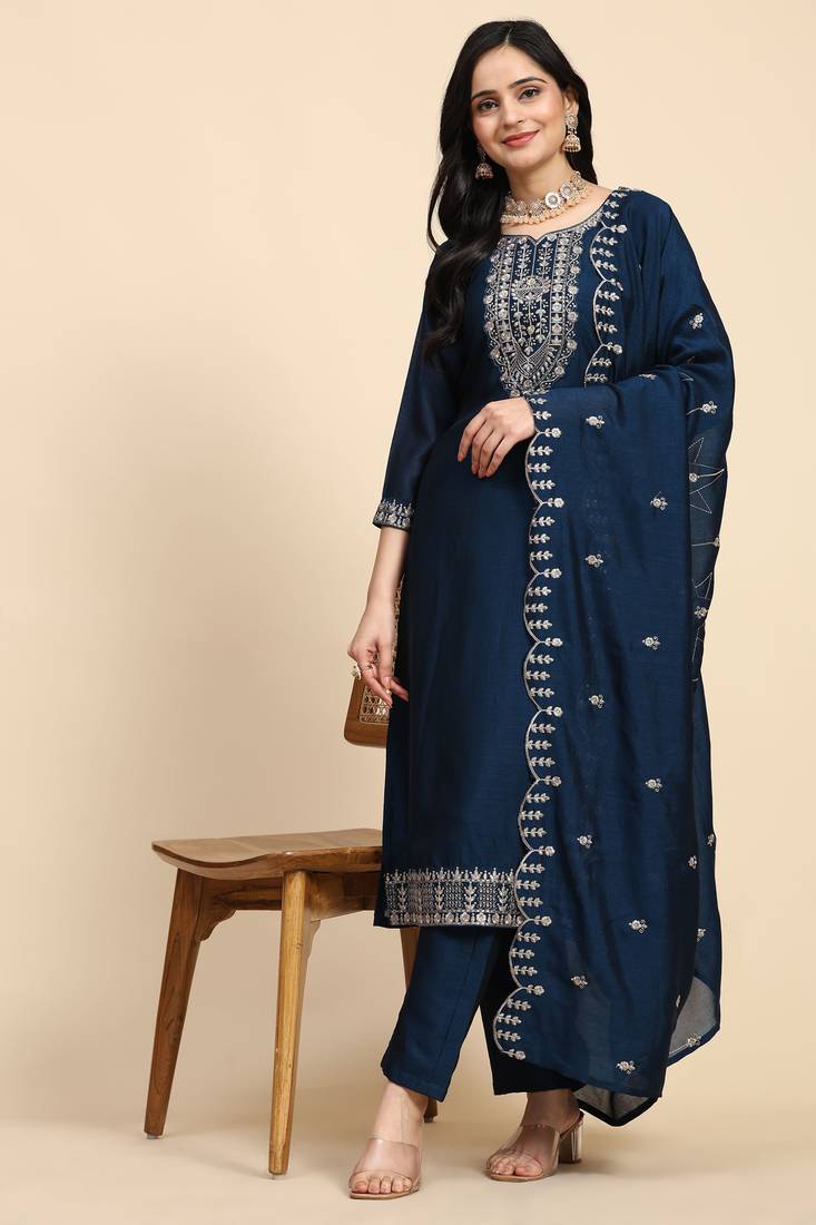 Trendmalls Cotton Embroidered Party Wear Kurta Pant With Dupatta Salwar