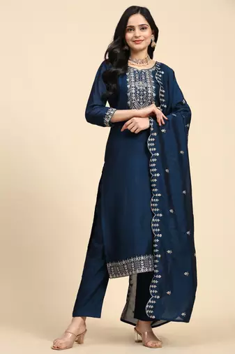 Trendmalls  Vichitra Silk Embroidery Salwar Suit Set Kurta Pant with Dupatta
