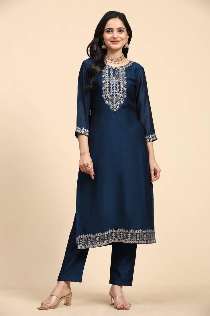 Trendmalls  Vichitra Silk Embroidery Salwar Suit Set Kurta Pant with Dupatta