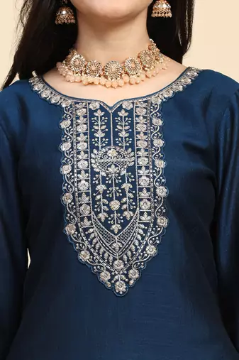 Trendmalls  Vichitra Silk Embroidery Salwar Suit Set Kurta Pant with Dupatta