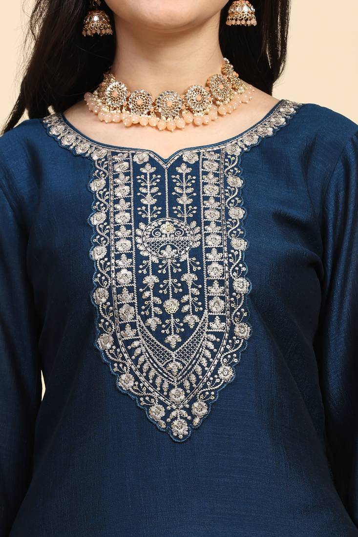 Trendmalls  Vichitra Silk Embroidery Salwar Suit Set Kurta Pant with Dupatta