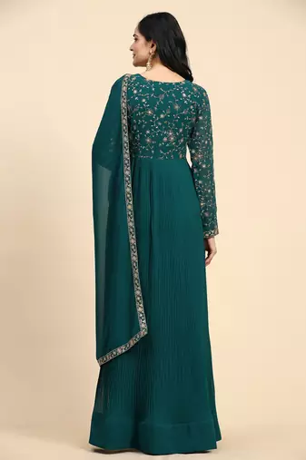 Trendmalls Women's Georgette Blooming Embroidery Salwar Suit Set Kurta Pant with Dupatta