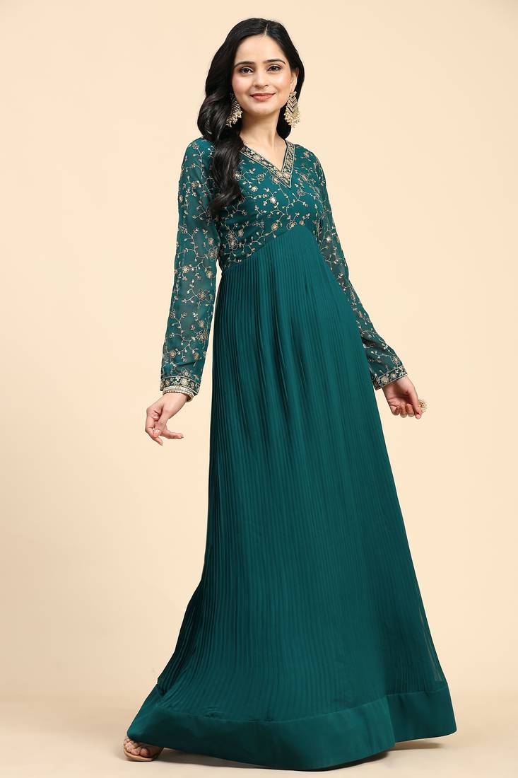 Women's Georgette Blooming Embroidery Salwar Suit Set Kurta Pant with Dupatta