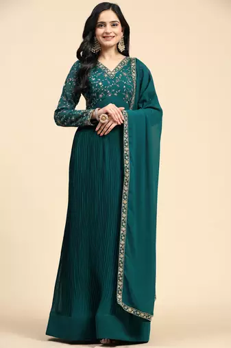 Trendmalls Women's Georgette Blooming Embroidery Salwar Suit Set Kurta Pant with Dupatta