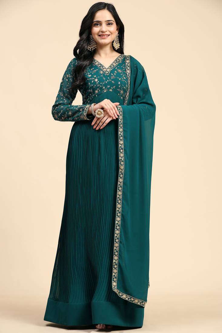 Women's Georgette Blooming Embroidery Salwar Suit Set Kurta Pant with Dupatta