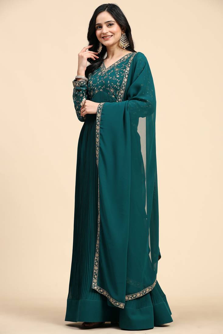 Women's Georgette Blooming Embroidery Salwar Suit Set Kurta Pant with Dupatta