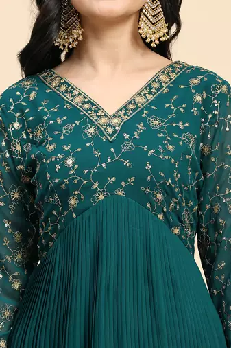Trendmalls Women's Georgette Blooming Embroidery Salwar Suit Set Kurta Pant with Dupatta
