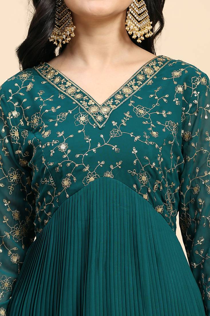 Women's Georgette Blooming Embroidery Salwar Suit Set Kurta Pant with Dupatta