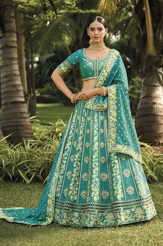 Teal green colour banarasi silk embroidered wedding lehenga