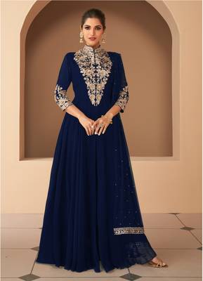NAVY BLUE GEORGETTE EMBROIDERED ANARKALI STYLE SALWAR KAMEEZ 1