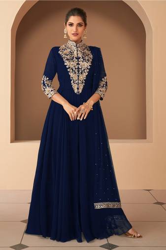 NAVY BLUE GEORGETTE EMBROIDERED ANARKALI STYLE SALWAR KAMEEZ