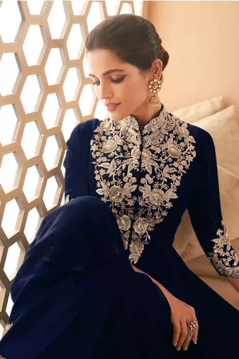 NAVY BLUE GEORGETTE EMBROIDERED ANARKALI STYLE SALWAR KAMEEZ