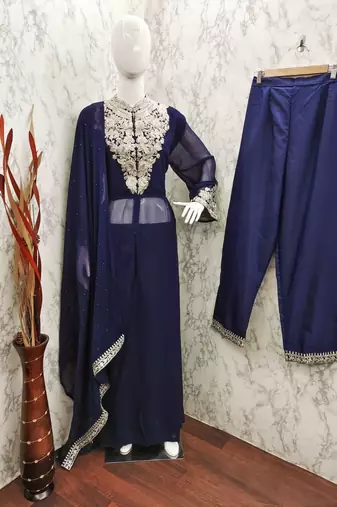 NAVY BLUE GEORGETTE EMBROIDERED ANARKALI STYLE SALWAR KAMEEZ