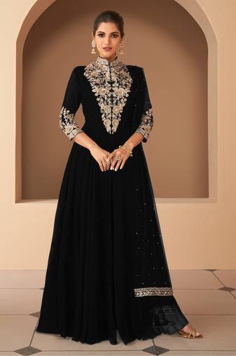 BLACK GEORGETTE EMBROIDERED ANARKALI STYLE SALWAR KAMEEZ