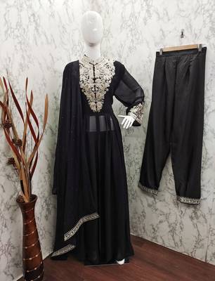 BLACK GEORGETTE EMBROIDERED ANARKALI STYLE SALWAR KAMEEZ 3
