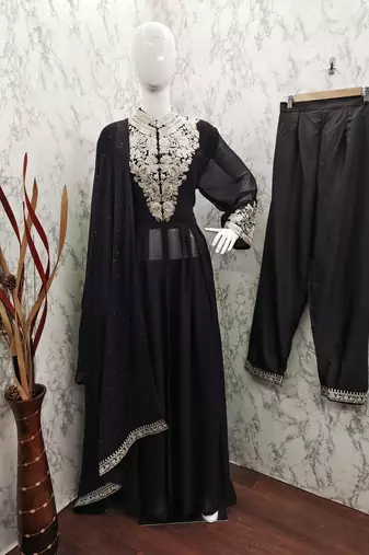 BLACK GEORGETTE EMBROIDERED ANARKALI STYLE SALWAR KAMEEZ