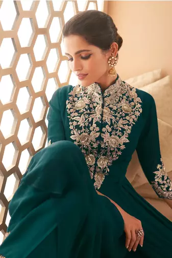 GREEN GEORGETTE EMBROIDERED ANARKALI STYLE SALWAR KAMEEZ