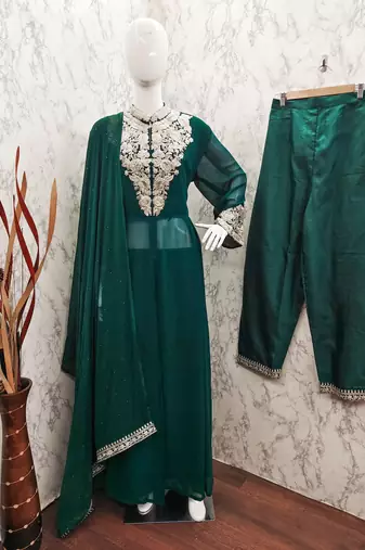 GREEN GEORGETTE EMBROIDERED ANARKALI STYLE SALWAR KAMEEZ