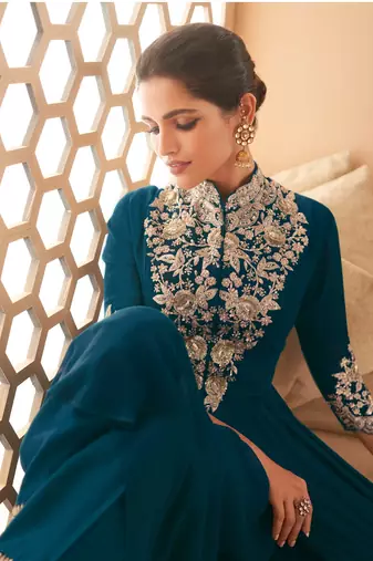 TEAL GEORGETTE EMBROIDERED ANARKALI STYLE SALWAR KAMEEZ