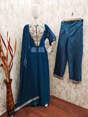 TEAL GEORGETTE EMBROIDERED ANARKALI STYLE SALWAR KAMEEZ 3