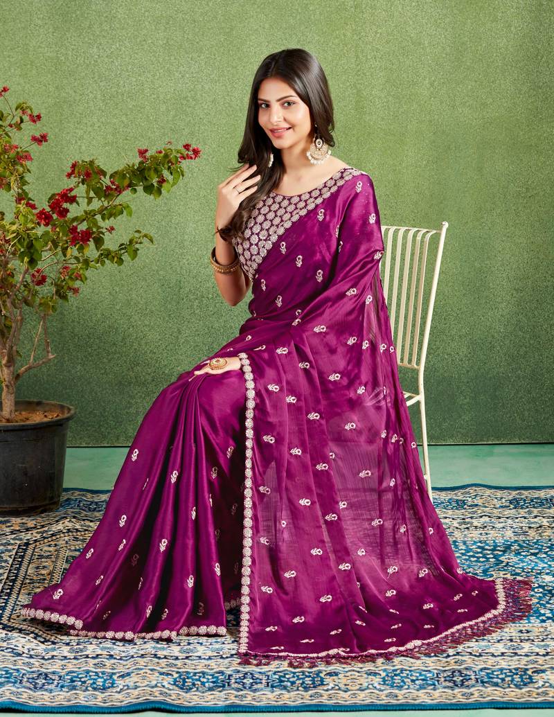 Mahalasa Wine Floral Thread Work Pure Chiffon Saree With Stitched Blouse