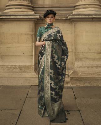 Bottle Green Satin Woven Saree With Unstitched Blouse Piece 1
