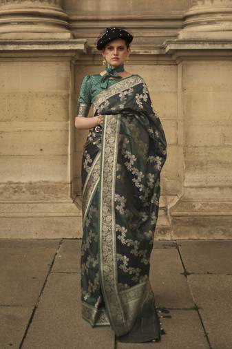 Bottle Green Satin Woven Saree With Unstitched Blouse Piece