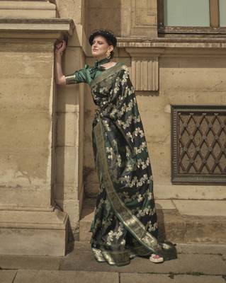 Bottle Green Satin Woven Saree With Unstitched Blouse Piece 2