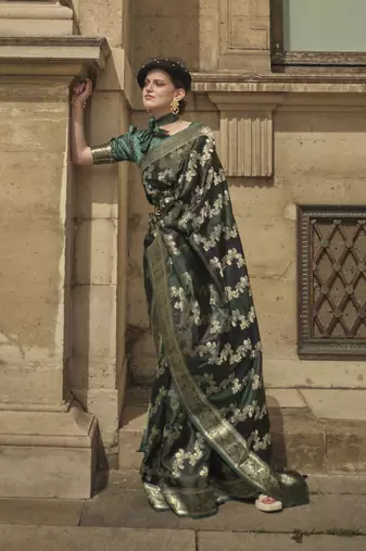 Bottle Green Satin Woven Saree With Unstitched Blouse Piece