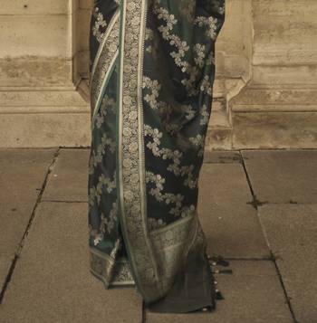 Bottle Green Satin Woven Saree With Unstitched Blouse Piece 4
