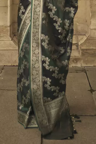 Bottle Green Satin Woven Saree With Unstitched Blouse Piece