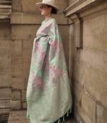 Seafoam Green Satin Woven Saree With Unstitched Blouse Piece