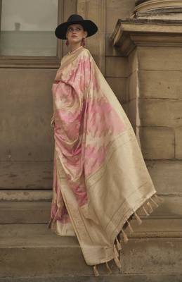 Baby Pink Satin Woven Saree With Unstitched Blouse Piece 1