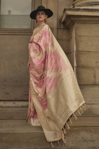 Baby Pink Satin Woven Saree With Unstitched Blouse Piece