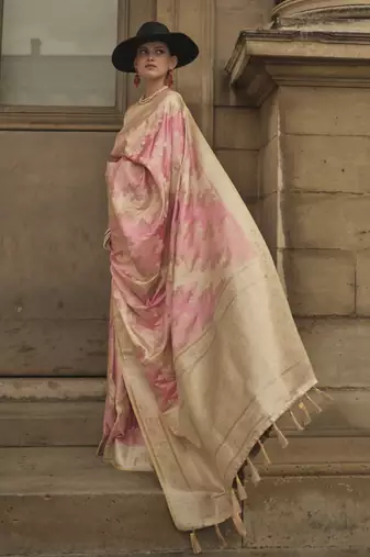 Baby Pink Satin Woven Saree With Unstitched Blouse Piece